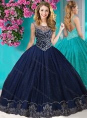 Fashionable See Through Scoop Quinceanera Dress with Beading and Appliques