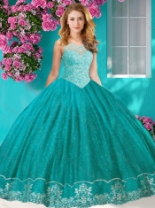 Fashionable See Through Scoop Quinceanera Dress with Beading and Appliques