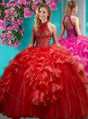 Gorgeous Beaded and Ruffled Quinceanera Dress with Halter Top