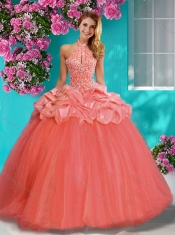 Lovely Beaded and Ruffled Big Puffy 15th Birthday Dresses  with Halter Top