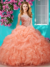 Lovely Beaded and Ruffled Big Puffy Quinceanera Gown with See Through Scoop