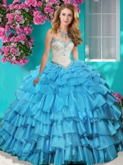 Lovely Beaded and Ruffled Layers Quinceanera Dress with Brush Train