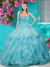Perfect Puffy Skirt Beaded and Ruffled Sweet 16 Dress in Aqua Blue