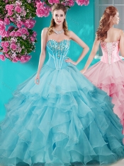 Perfect Puffy Skirt Beaded and Ruffled Sweet 16 Dress in Aqua Blue