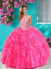 Pretty Beaded and Ruffled Big Puffy Quinceanera Gown with Halter Top