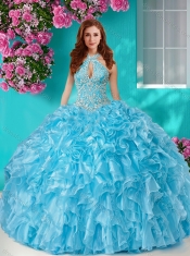 Pretty Beaded and Ruffled Big Puffy Quinceanera Gown with Halter Top