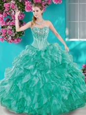 Puffy Skirt Ruffled and Beaded Quinceanera Dress in Turquoise