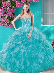 Puffy Skirt Ruffled and Beaded Quinceanera Dress in Turquoise