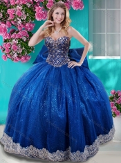 Unique Ball Gown Sequins Bowknot and Beaded Royal Blue Quinceanera Dress with Sweetheart