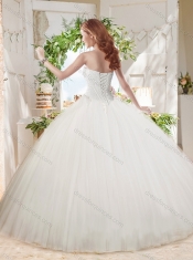 White Ball Gown Sweetheart Court Train Beaded Quinceanera Dress in Tulle