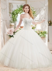 White Ball Gown Sweetheart Court Train Beaded Quinceanera Dress in Tulle