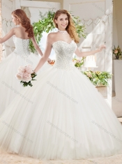 White Ball Gown Sweetheart Court Train Beaded Quinceanera Dress in Tulle