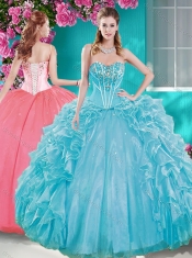 Beaded Bodice Aqua Blue Quinceanera Gown with Removable Skirt