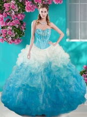 Beautiful Beaded Bust White and Blue Quinceanera Dress in Organza