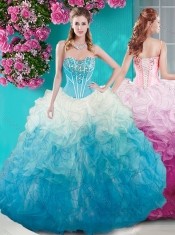 Beautiful Beaded Bust White and Blue Quinceanera Dress in Organza