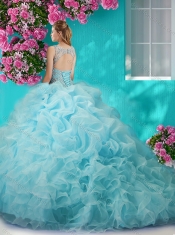 Brush Train Scoop Peach Quinceanera Dress with Beading and Ruffles