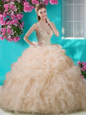 Brush Train Scoop Peach Quinceanera Dress with Beading and Ruffles