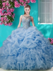 Brush Train Scoop Peach Quinceanera Dress with Beading and Ruffles