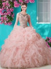 Brush Train Scoop Peach Quinceanera Dress with Beading and Ruffles
