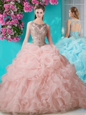 Brush Train Scoop Peach Quinceanera Dress with Beading and Ruffles