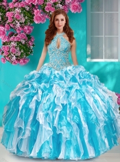 Classical Beaded and Ruffled Halter Top Quinceanera Dress in Baby Blue and White