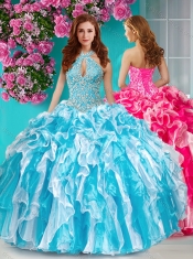 Classical Beaded and Ruffled Halter Top Quinceanera Dress in Baby Blue and White