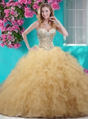 Classical Gold Really Puffy Quinceanera Dress with Beading and Ruffles