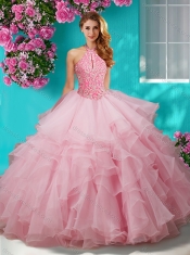 Decent Beaded and Ruffled Layers Quinceanera Gown with Halter Top