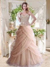 Elegant A Line Champagne Quinceanera Dress with Beading and Ruffles