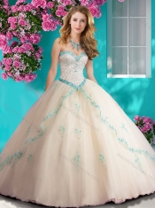 Elegant Beaded and Applique Tulle Quinceanera Dress in Champagne