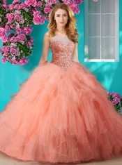Elegant Beaded and Ruffled Quinceanera Dress with See Through Scoop
