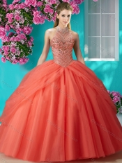 Elegant Halter Top Beaded and Applique Quinceanera Dress in Orange Red