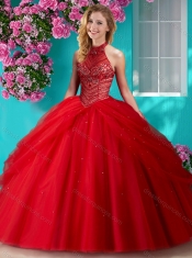 Elegant Halter Top Beaded and Applique Quinceanera Dress in Orange Red