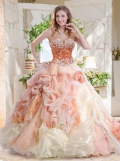 Fashionable Beaded and Bubble Quinceanera Dress in Peach and White