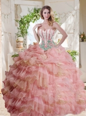 Fashionable Visible Boning Beaded Pink Sweet 16 Dress in Organza