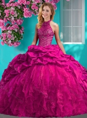 Feminine Halter Top Brush Train Quinceanera Dress with Beading and Ruffles