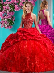 Feminine Halter Top Brush Train Quinceanera Dress with Beading and Ruffles