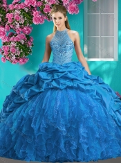 Feminine Halter Top Brush Train Quinceanera Dress with Beading and Ruffles