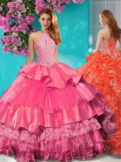 Gorgeous Halter Top Brush Train Sweet 16 Dress with Beading and Ruffles Layers
