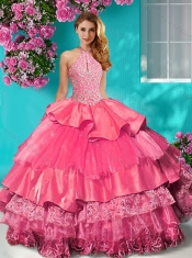 Gorgeous Halter Top Brush Train Sweet 16 Dress with Beading and Ruffles Layers