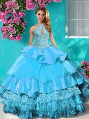 Gorgeous Halter Top Brush Train Sweet 16 Dress with Beading and Ruffles Layers