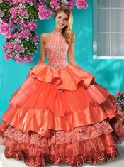 Gorgeous Halter Top Brush Train Sweet 16 Dress with Beading and Ruffles Layers