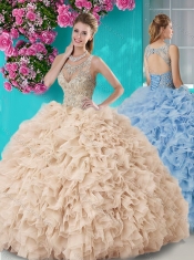 Gorgeous See Through Beaded Scoop Quinceanera Gown in Champagne