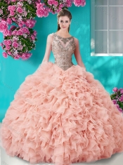 Gorgeous See Through Beaded Scoop Quinceanera Gown in Champagne