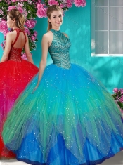 Luxurious See Through Halter Top Quinceanera Dress with Beading and Appliques