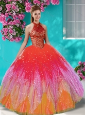 Luxurious See Through Halter Top Quinceanera Dress with Beading and Appliques
