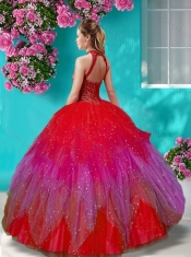 Luxurious See Through Halter Top Quinceanera Dress with Beading and Appliques