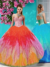 New Style Rainbow Beaded and Applique Quinceanera Dress with Detachable Straps