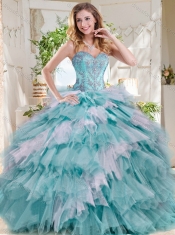Popular Beaded and Ruffled Big Puffy Cheap Quinceanera Dress in Blue and White