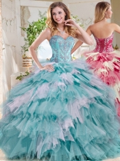 Popular Beaded and Ruffled Big Puffy Cheap Quinceanera Dress in Blue and White
